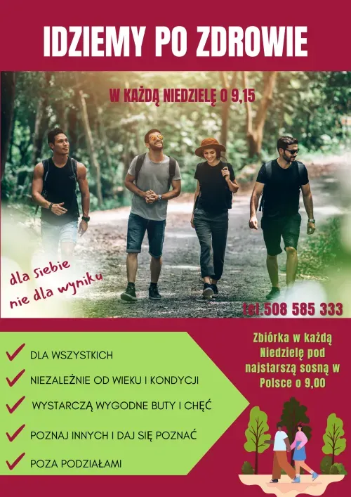 Cztery osoby spacerujące po leśnej ścieżce, ubrane w sportowe ubrania.